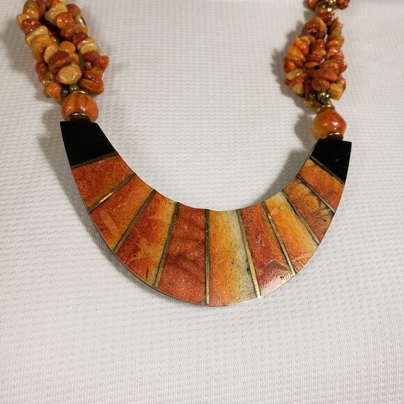 Vintage Mosaic Coral Necklace Tiger & Apple Bead Multi Strand Boho - Picture 3 of 9